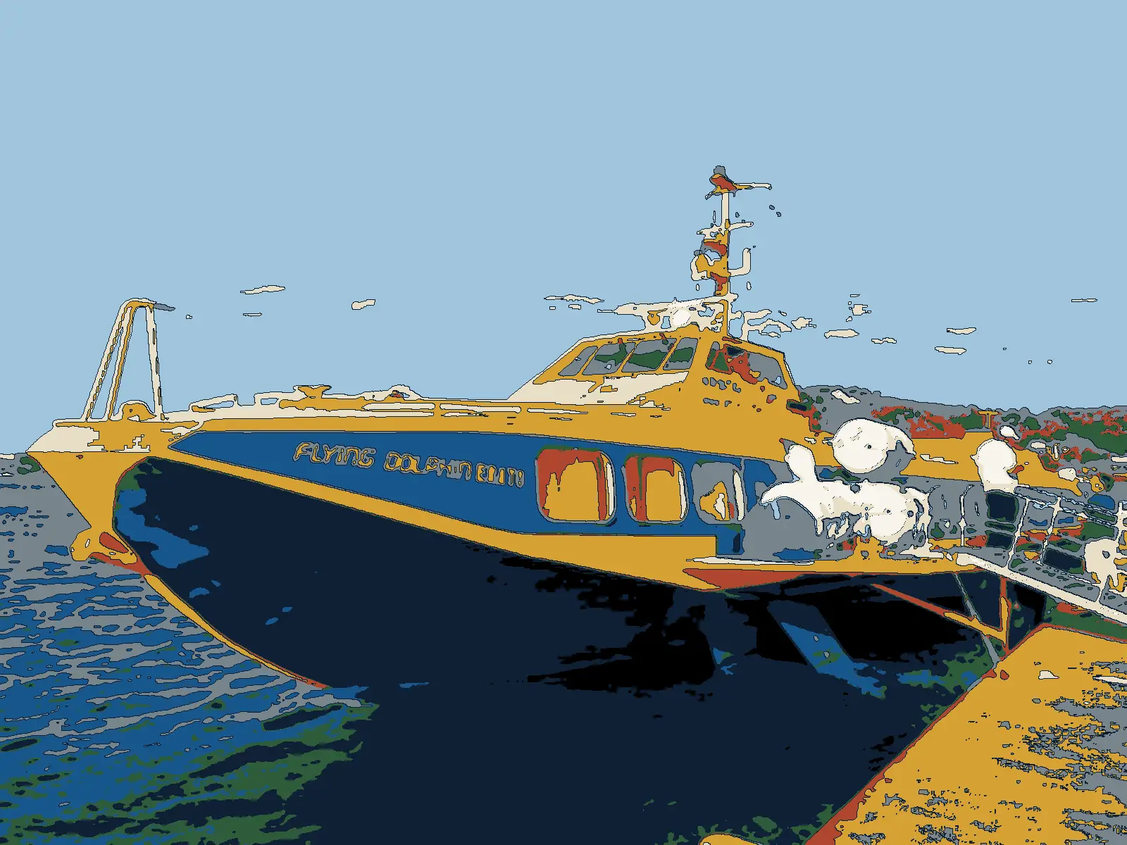 Illustration after a photo: the hydrofoil Flying Dolphin Erato