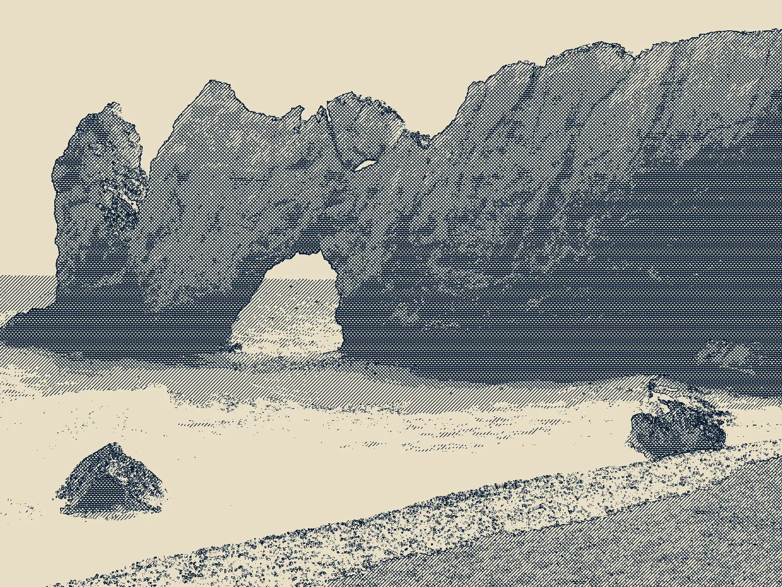 Engraving-style illustration: the rock arch at Lalaria beach