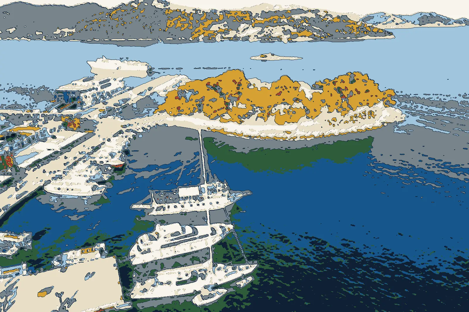Illustration after a photo: Skiathos old port and Bourtzi from above