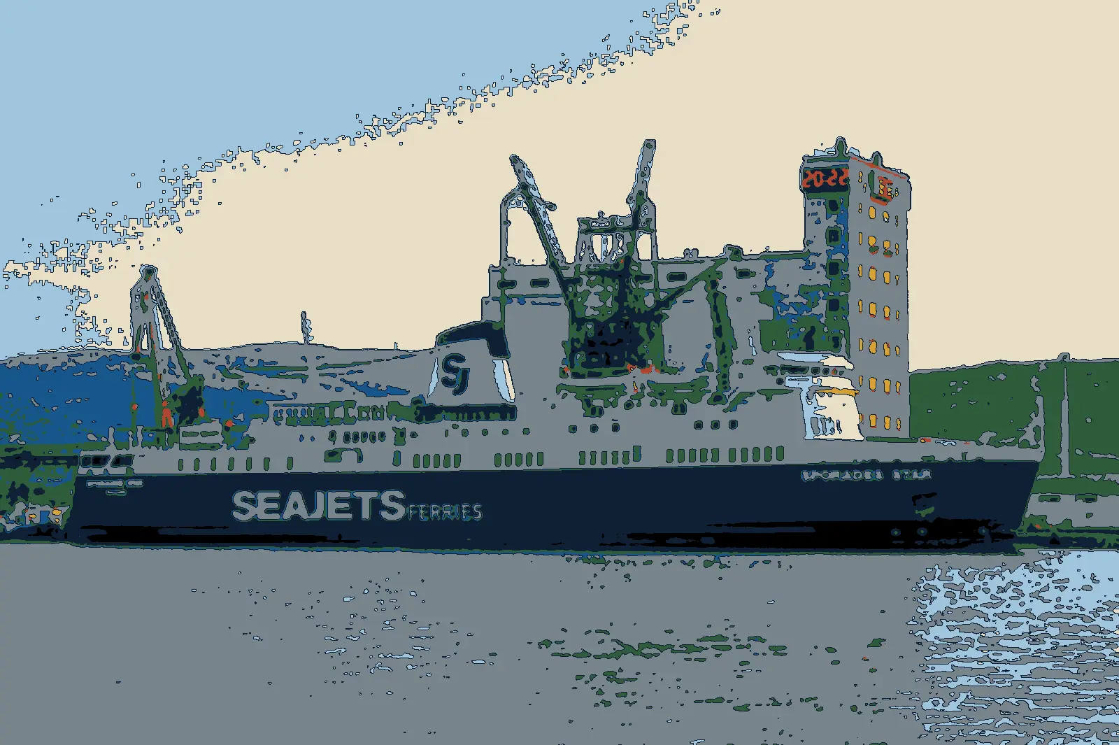 Illustration after a photo: the Seajets ferry Sporades Star at Volos port